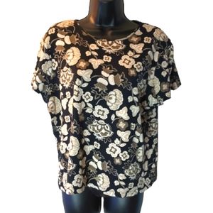 Croft And Barrow Shirt Women's PXL Floral Pima Cotton Blouse, Black/Tan, cottage